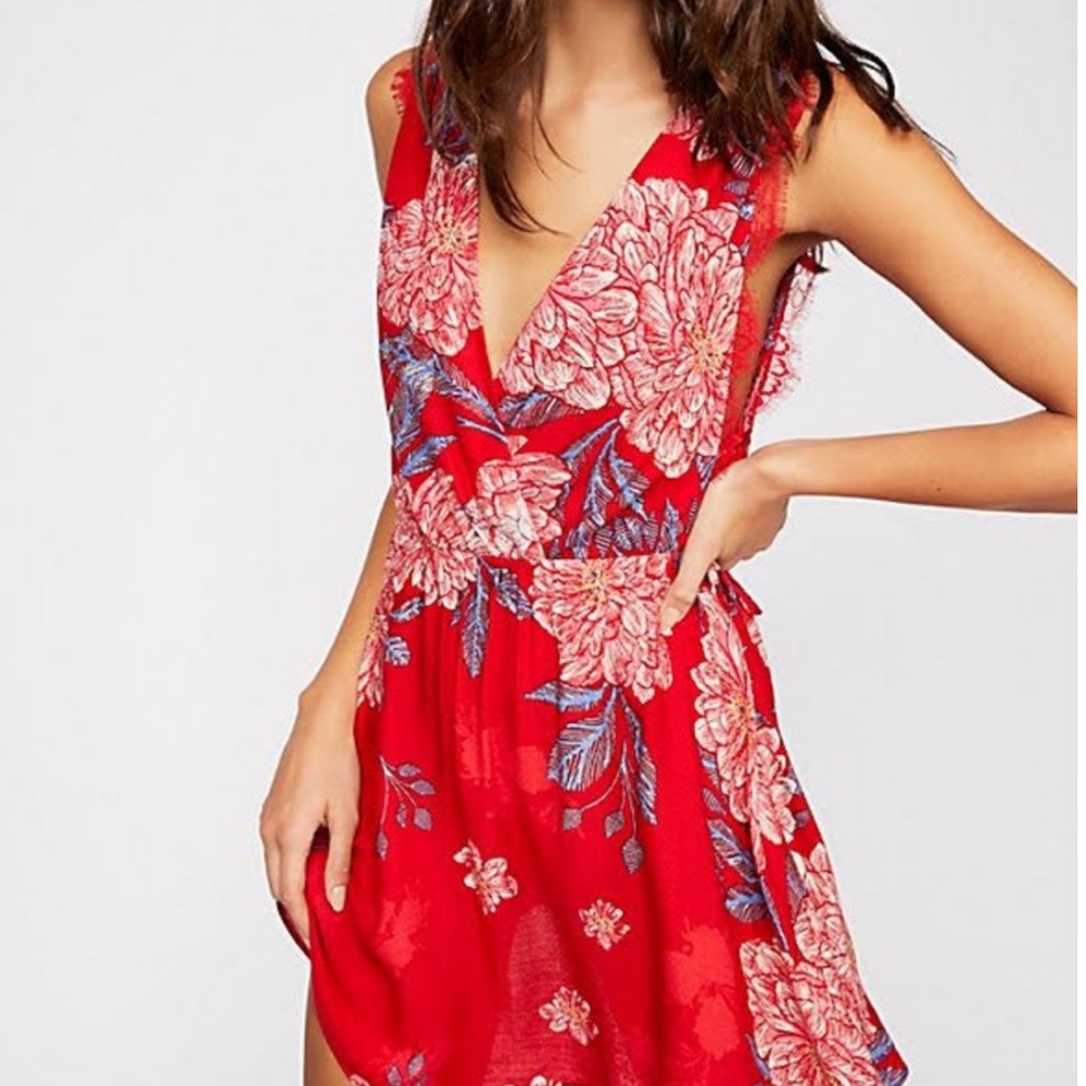 Free People Red Floral V-Neck Dress with Blue Accents